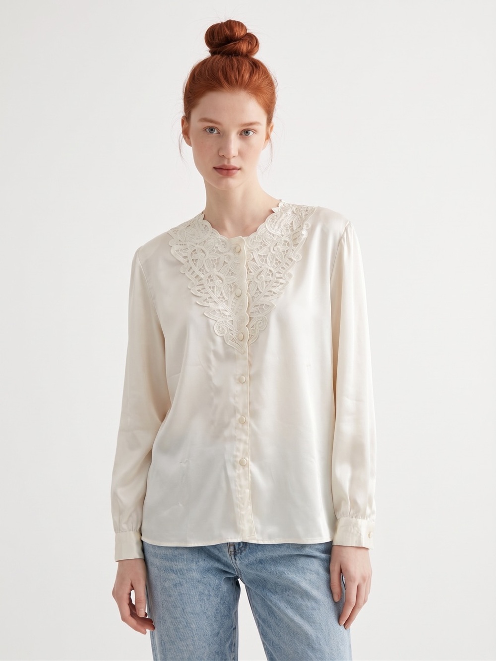 Kathy Che Vintage Lace-Trim Satin Button-Up Blouse - Cream. Cottagecore. size 12